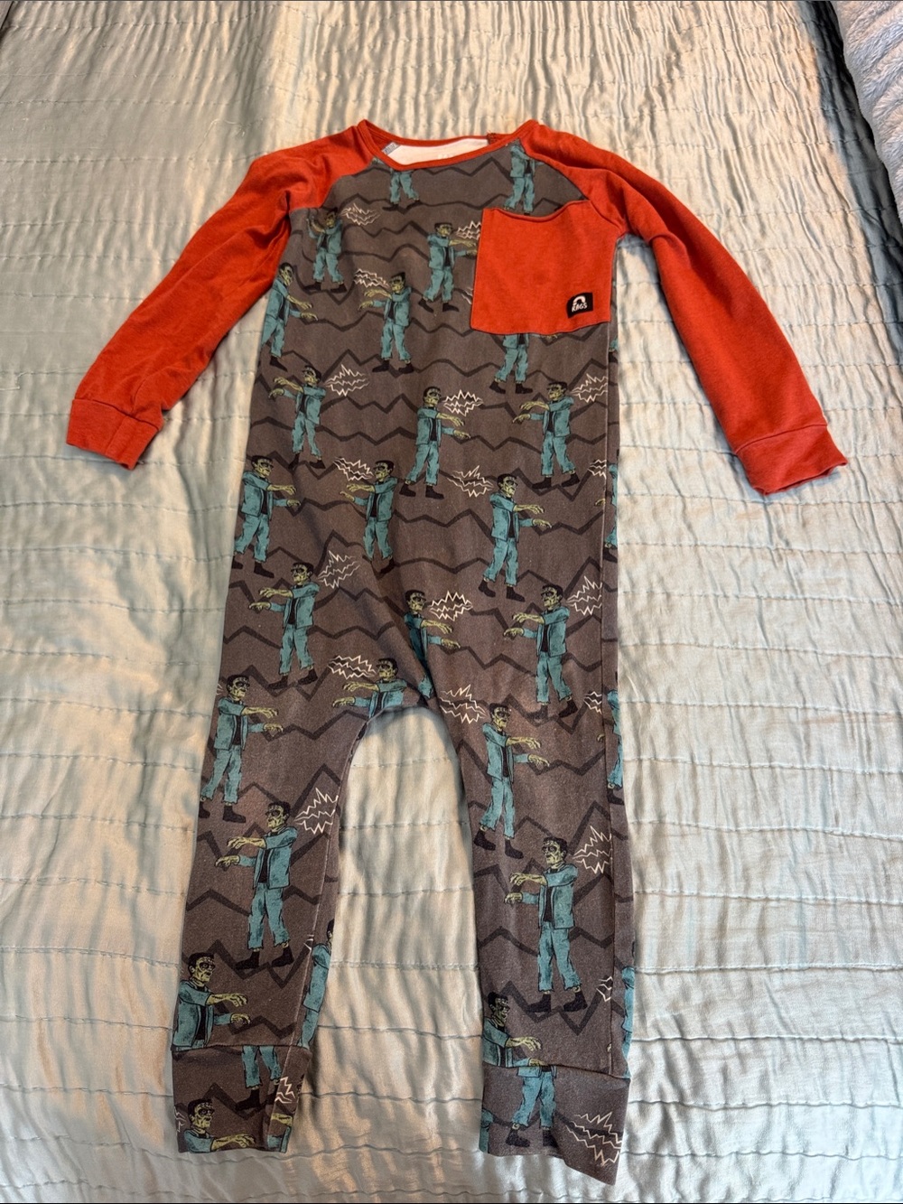 Rags to Raches Frankenstein Gray One-Piece with Orange Raglan Sleeves